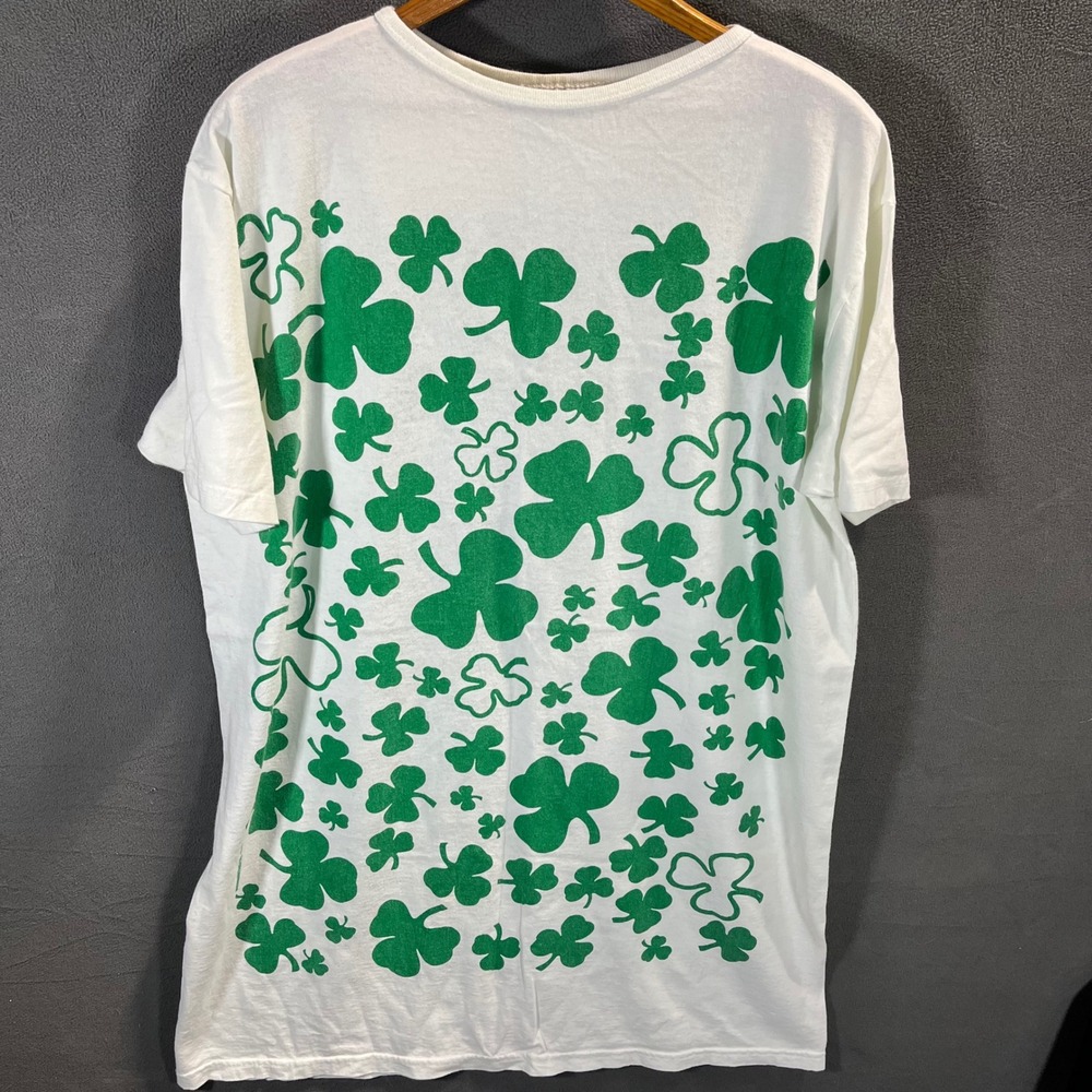 Vintage 1992 Michigan Rag Co Shamrock All Over Print T-Shirt White Green XL